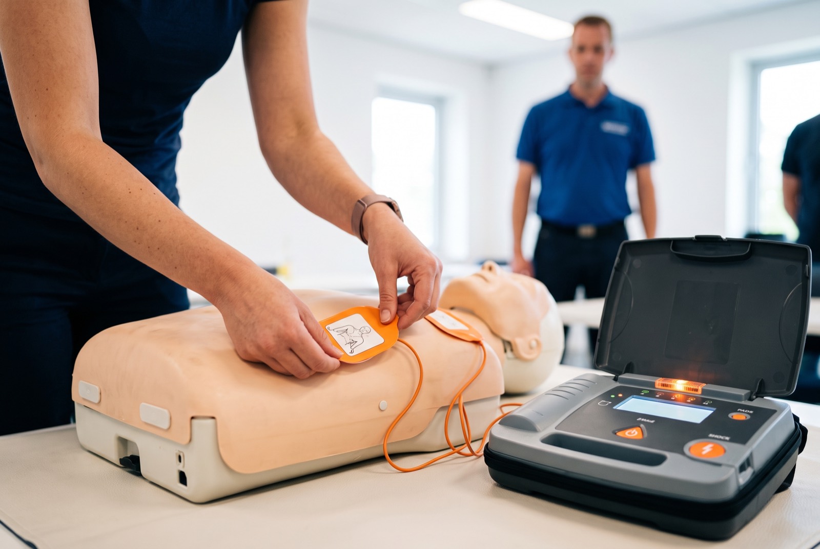 AED-training: cursist plaatst trainings-elektroden op een oefenpop